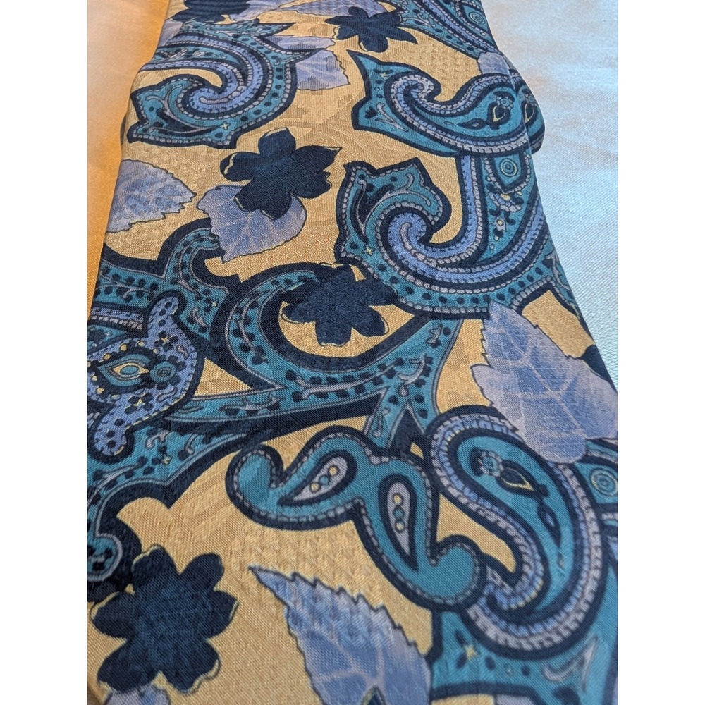 Manhattan Mens Tie Blue Tan Paisley Floral Silk Blend Classic Formal Necktie